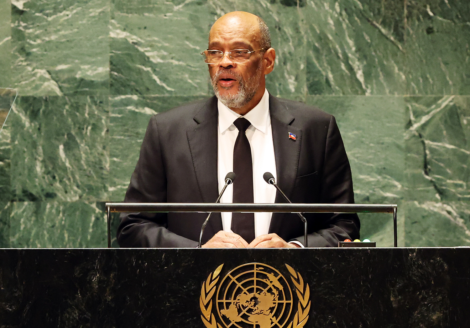 Photo of prime minister Ariel Henry speaking at United Nations on September 22, 2023.