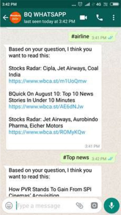 A screenshot shows the BQ WhatsAPP text messages related to #airline, and #Top news Stockbot communications.