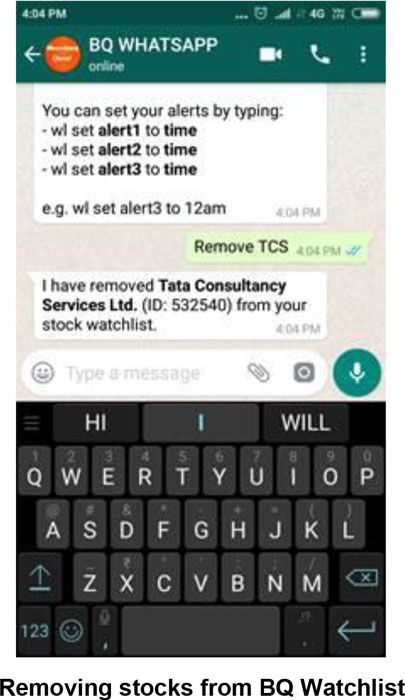 A screenshot shows the BQ WhatsAPP text messages related to alerts in Stock Watchlist communications.