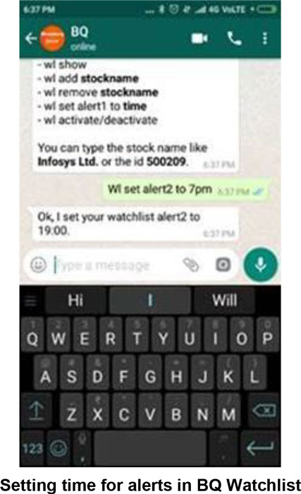 A screenshot shows the BQ WhatsAPP text messages related to Stock watchlist communications.