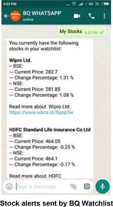 A screenshot shows the BQ WhatsAPP text messages related to the stock watchlist.