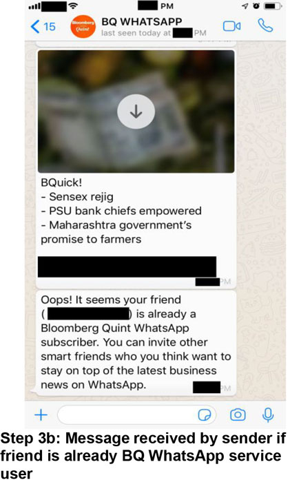 A screenshot shows the BQ WhatsAPP text messages related to top three news alerts on a topic and request for referrals.