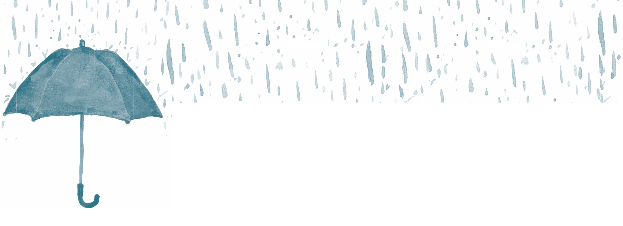 A drawing of an open umbrella over which rain droplets fall.