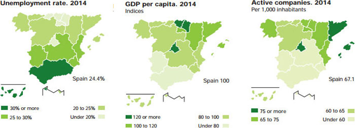 Three maps of Spain show the different economic indicators.