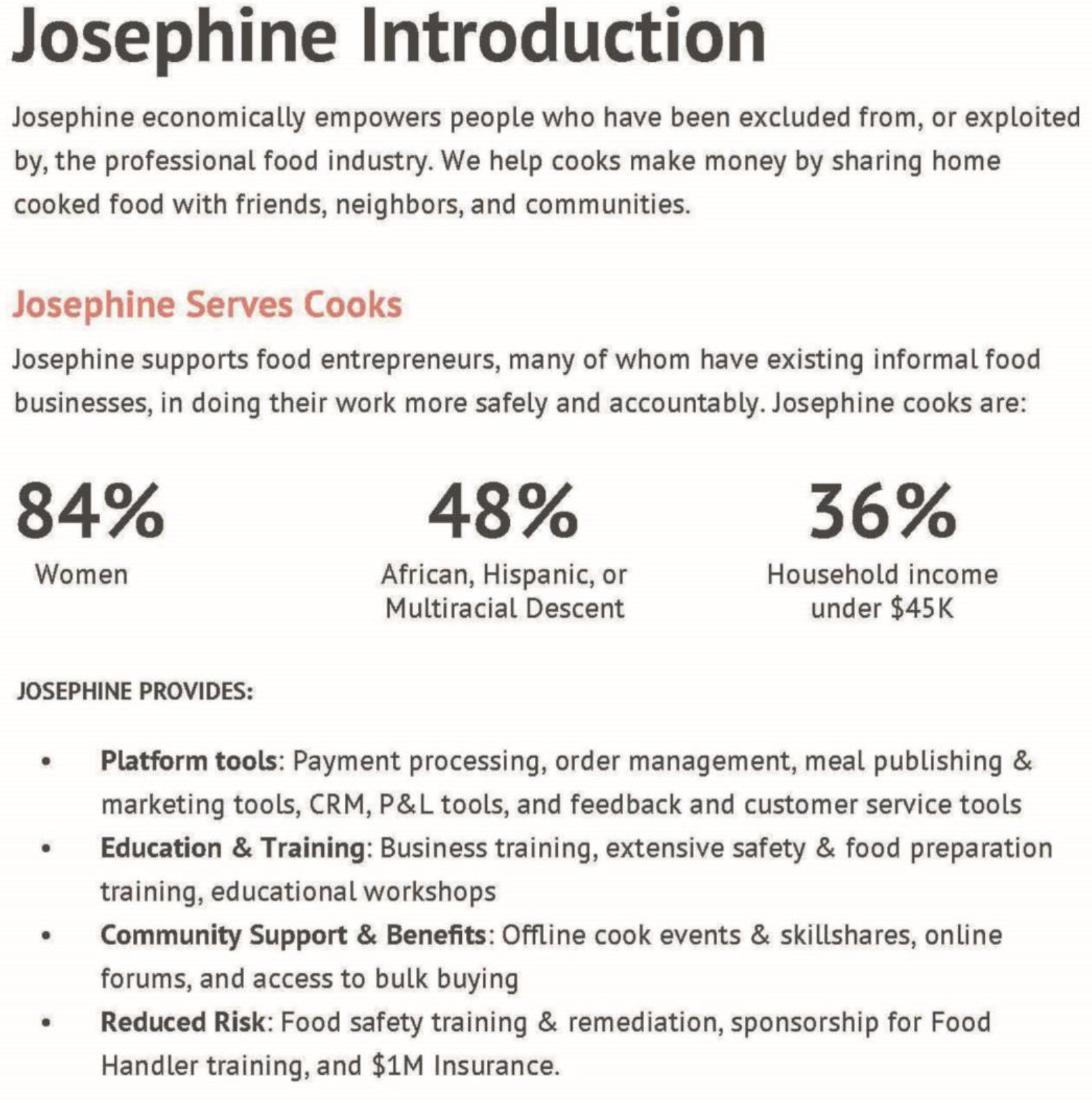 An image shows a page explaining the services provided by Josephine Company.