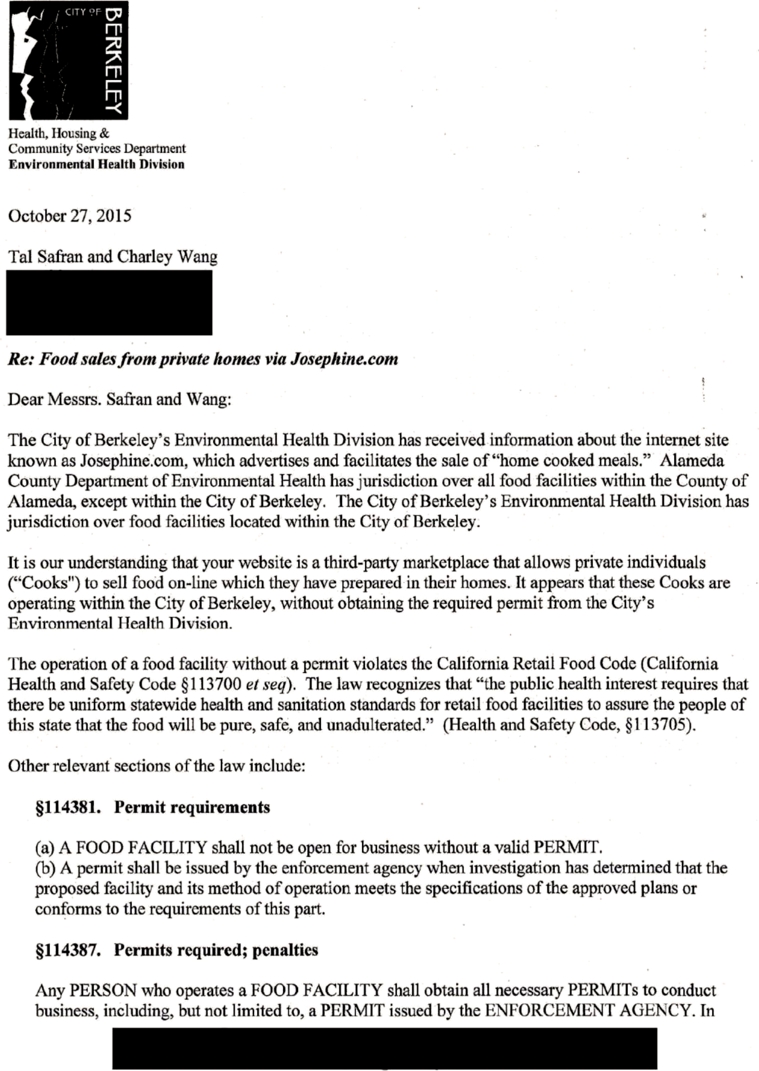 An image shows the first page of the letter from Health. Housing & Community Services Department Environmental Health Division to the CEO of Josephine Company.