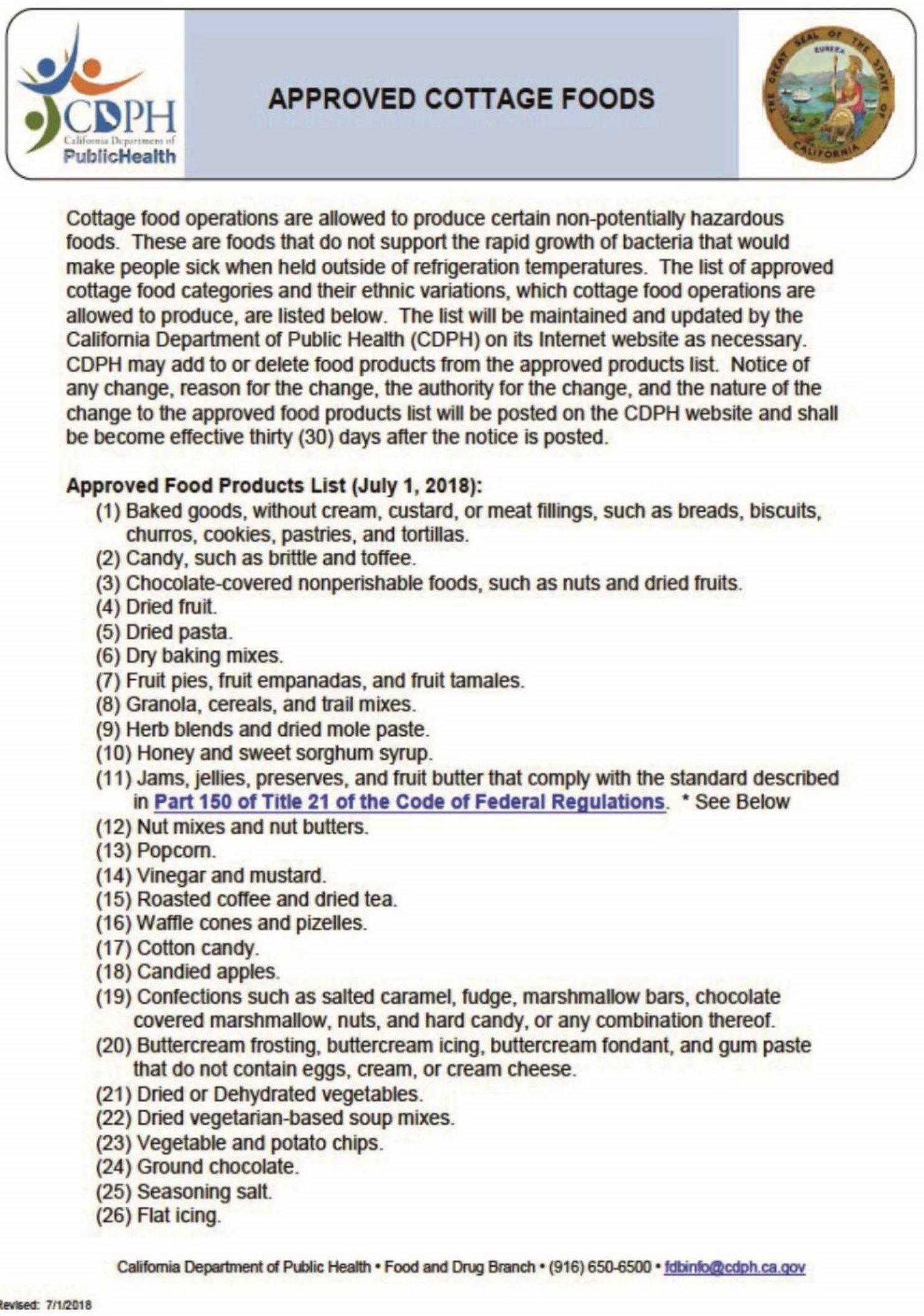 An image shows the first page of a list of cottage foods which qualify under “Cottage Food Law” issued by Department of Public Health in California.