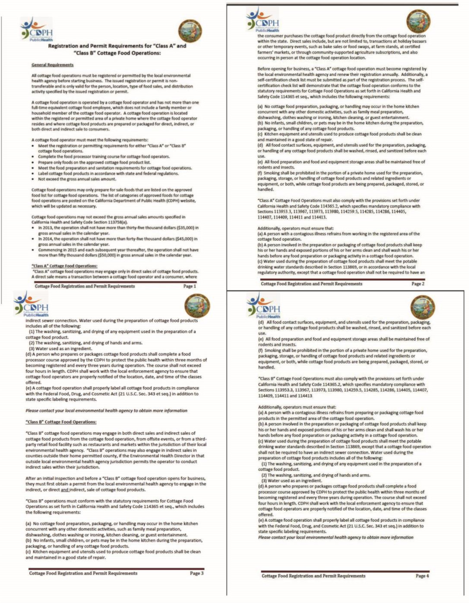 An image shows four pages of registration and permit requirements for class A and Class B cottage food operations by Department of Public Health in California.