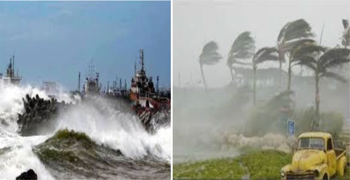 A collage comprising two images shows the impact of a cyclone. The left image shows strong ocean waves crashing on a coastline that has industrial buildings. The right image shows strong winds blowing through a coastline that has palm trees.