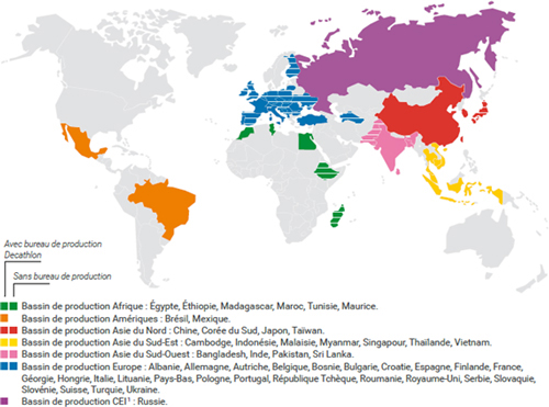 A political world map of Decathlon Avec bureau de production and Sans bureau de production.