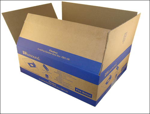 An illustration depicts an open cardboard packaging box with the label of Russound Flexbox in-ceiling speaker back box FBC1-FR with specifications.