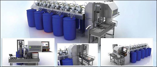 A photo depicts at the top, an enlarged view of a paint coloring machine, with three panels at the base depicting the front view, side view, and top view, respectively. The equipment comprises of a series of rollers connected to multiple drums with tubes along with a monitor and a tray table.
