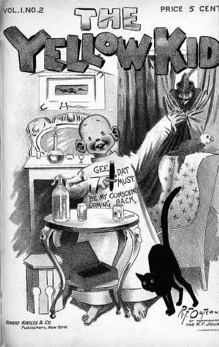 The Yellow Kid (Micky Dugan), a small, toothless orphan, was the lead character in the comic stripHogan's Alley that was introduced in 1895. The Kid, wearing an oversized yellow nightshirt with the words “Gee dat must be my conscience coming back” is standing in a parlor, smoking a cigar and drinking absinthe or some other alcoholic beverage. A black cat rubs against his legs and, in the background, the devil pokes his head between the curtains. The strip, drawn by Richard Felton Outcault, is widely considered the beginning of the U.S. comic strip tradition. First appearing in Joseph Pulitzer's New York World, it was later published in William Randolph Hearst's NewYork Journal.The strip became a national sensation through heavy licensing activity (including appearances in advertising and on Broadway) and through the national distribution of Hearst's Sunday humor section.