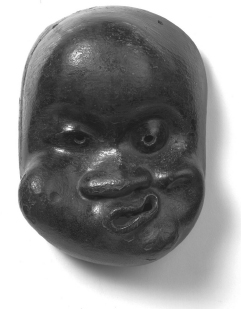 This somewhat grotesque Kyōgen mask of Oto (a version of the more popular character Okami) emphasizes one squinting and one staring eye to comic effect.