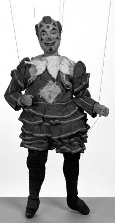 One of 35 marionettes from the Tiller-Clowes Family Marionette Company, one of the last Victorian marionette troupes in England. Shown here is Clown, the character who developed from the Italian commedia dell’arte. In Great Britain, traveling marionette shows were a popular form of entertainment for adults in the 19th century.