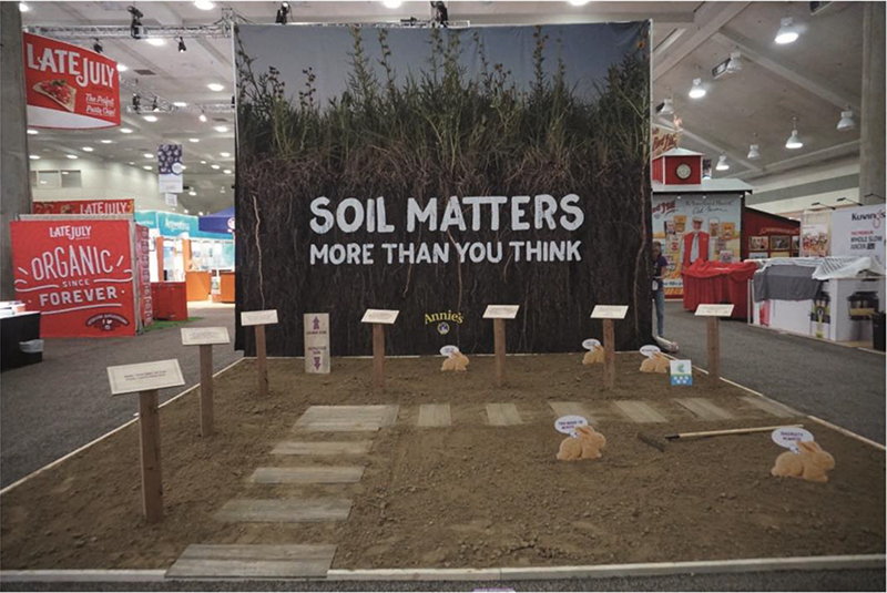 A photo shows General Mills’ soil health booth at Natural Products Expo (2016–2019).