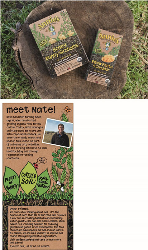 Two photos show Annie’s limited-edition products. First image shows Honey Bunny Grahams and Elbow Pasta Cheddar kept in a wooden block. The second image is titled Meet Nate and it’s decorated with texts, pictures, and illustrations.