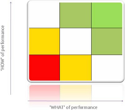 An illustration shows Leadership Development Tool matrix. The y-axis represents “HOW” of performance and the x-axis represents “WHAT” of performance. This 3X3 matrix shows square blocks in different colors.