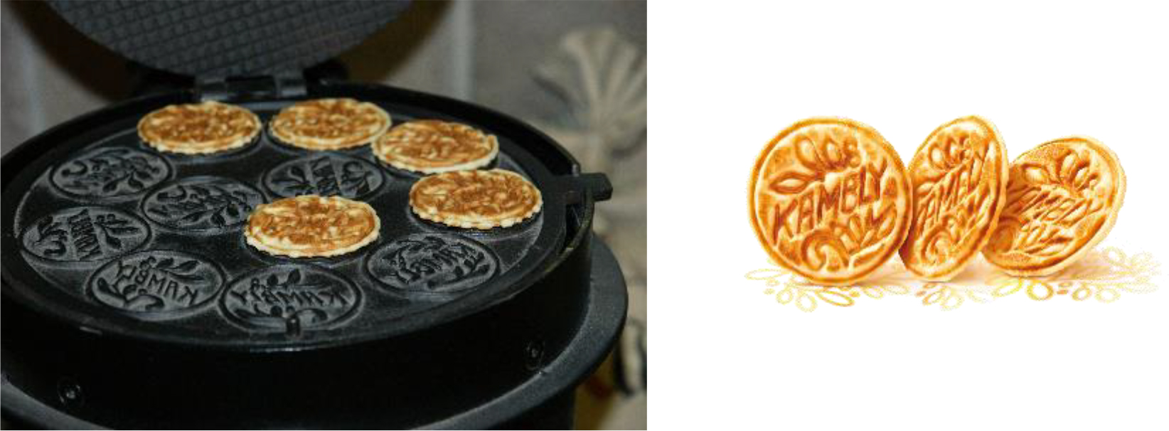 An image of a customized waffle maker-like machine with twelve circular molds. Four out of the twelve molds have small, pancakes that have the word Kambly with a leaf-like design on the pancake, above and below the word Kambly.