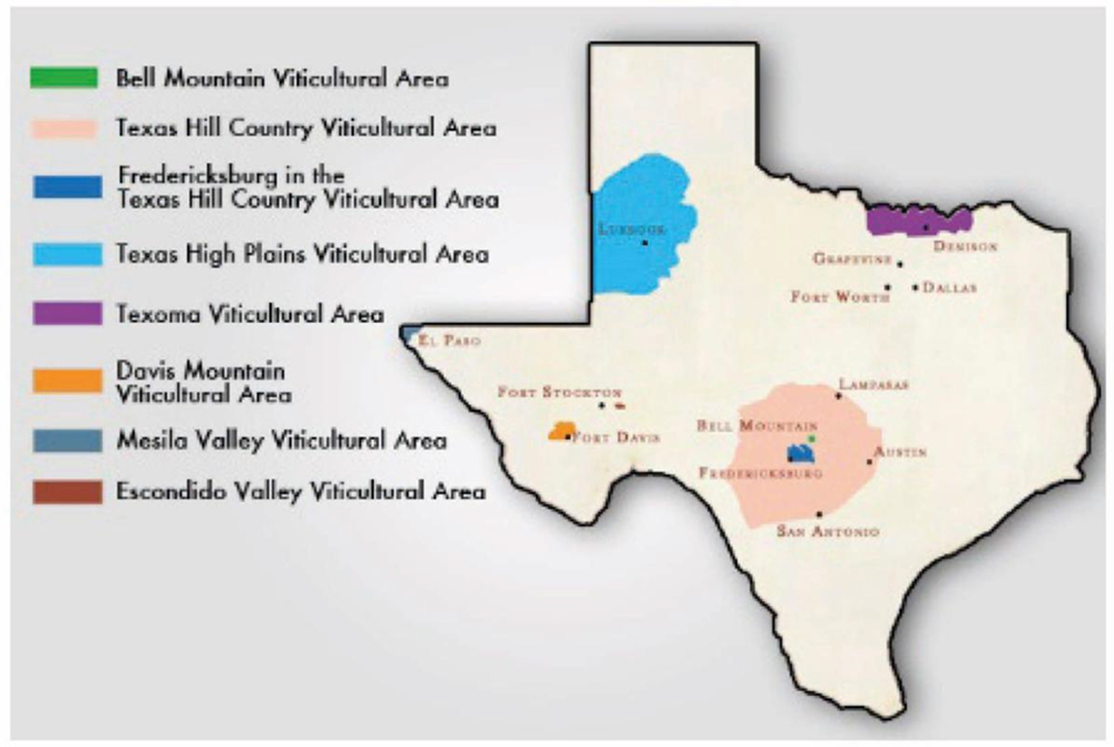An image shows a map of American Viticultural Areas in Texas.