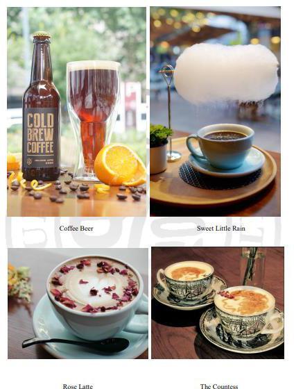 Four photo panels depicts four different types of coffee products. The products depicted are coffee beer, Sweet little rain, Rose latte, and the countess.