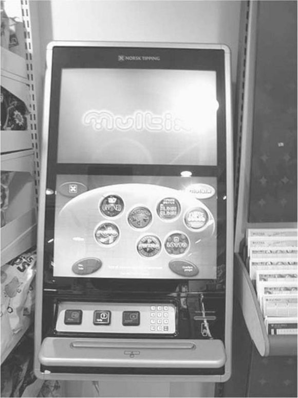An image shows a Norwegian Slot Machine, labeled Norsk Tipping, which has a screen and a few buttons beneath the screen. Text on the screen reads “multix” and displays several menu options (given within circles and ovals).