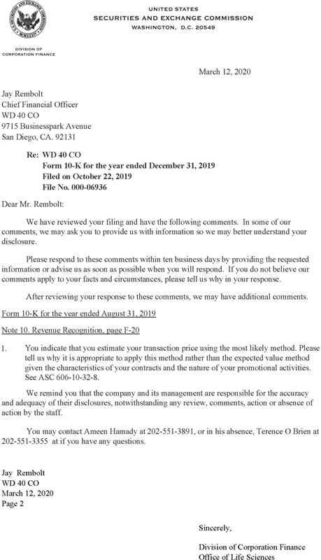 A letter from the SEC to WD-40.