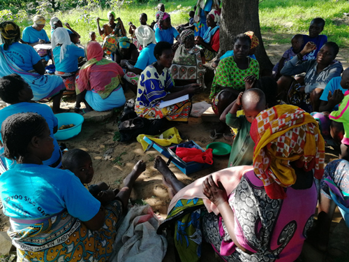 A group of women, some of them with children, gathered under the shade of a tree for a group meeting.