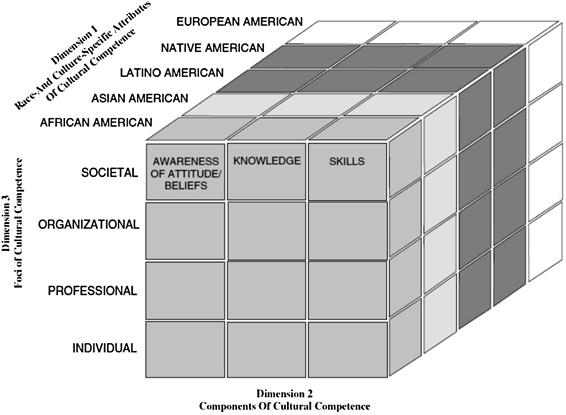 A figure shows the multidimensional facets of cultural competence by Derald Wing Sue.