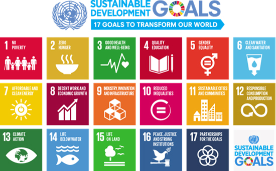 A set of 17 stamps showing Sustainable Development Goals.