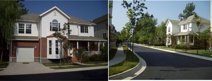 Two images show the front of a house and a street with houses on either side, on the left and right of the image, respectively.