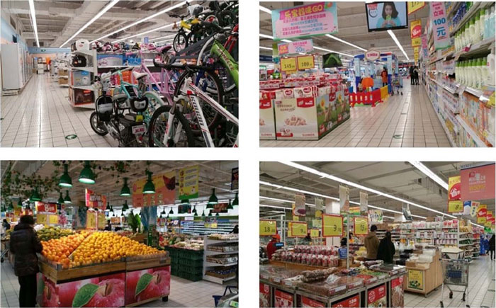 Four images show the different sections of a Tesco store.