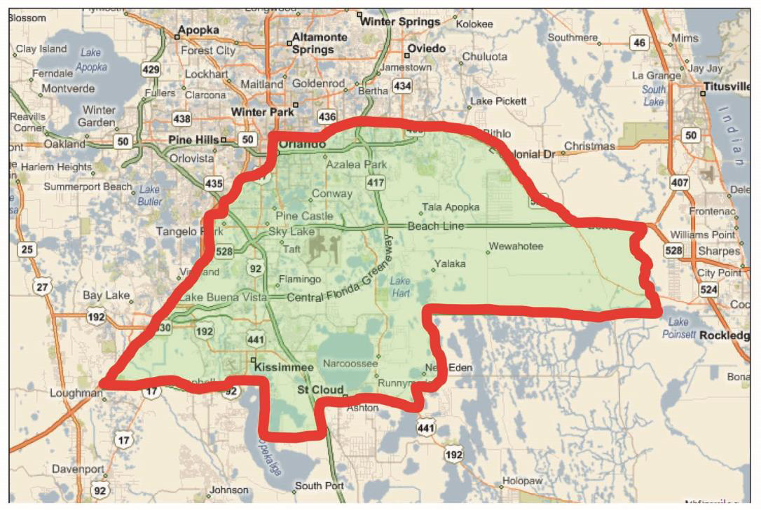 A map of Florida shows the extension of southeast submarket of Orlando.