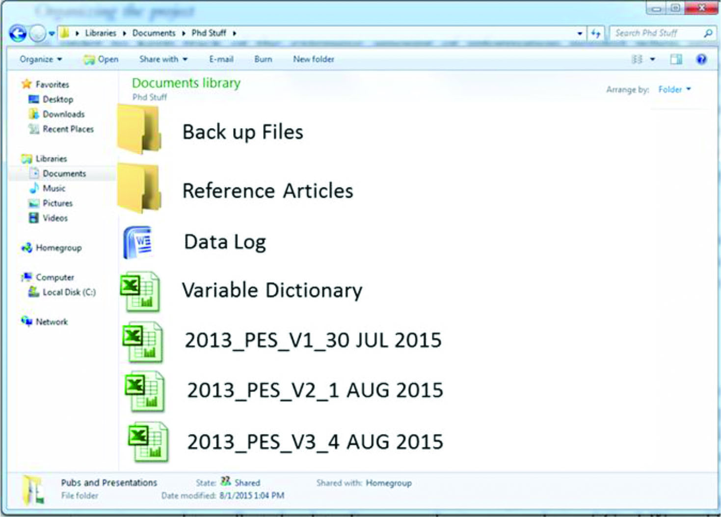 Figure 1. Back-up file contained copies of the original spreadsheets. Reference articles were found to guide the data management process and to justify choices made with the data (e.g. the billing codes). Each version was saved and with a unique name to maintain version control.