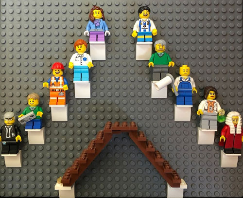 An image shows ten LEGO figures attached to a LEGO base plate forming an inverted “V” shape such that five LEGO figures are on the left and five are on the right. The LEGO figures are dressed based on ten different professions.